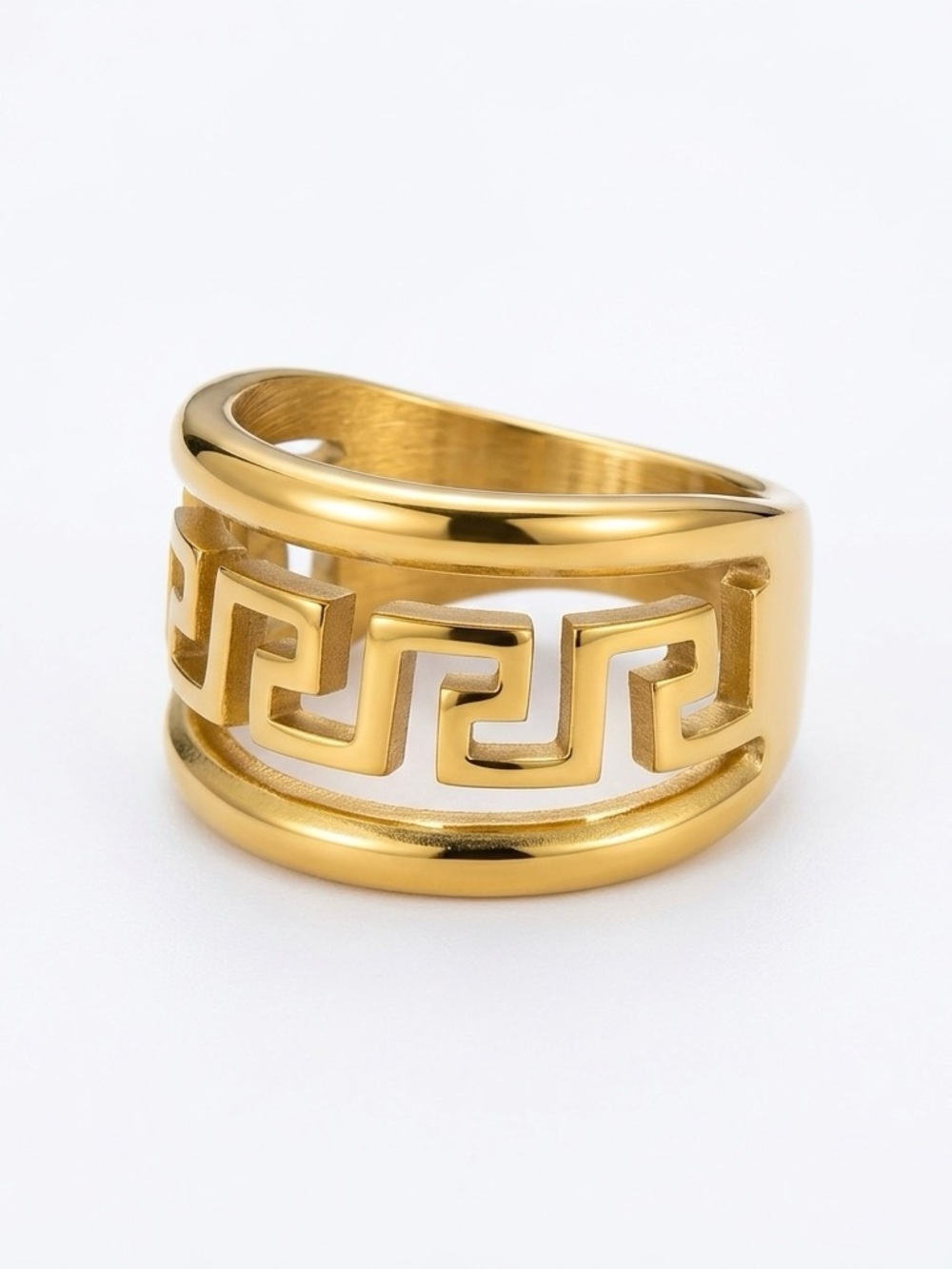 Bold Greek Key Meander Wide Band Ring Rich Gold Tone Stainless Steel